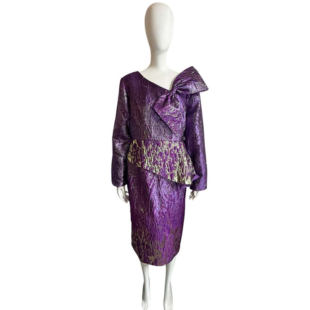 Ashro Donisha Women's Metallic Jacquard Peplum Dress with Bow
